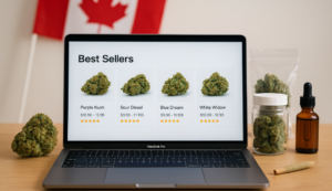 Laptop showing top cannabis strains at a best Canadian online dispensary with buds, jars, and a flag in the background