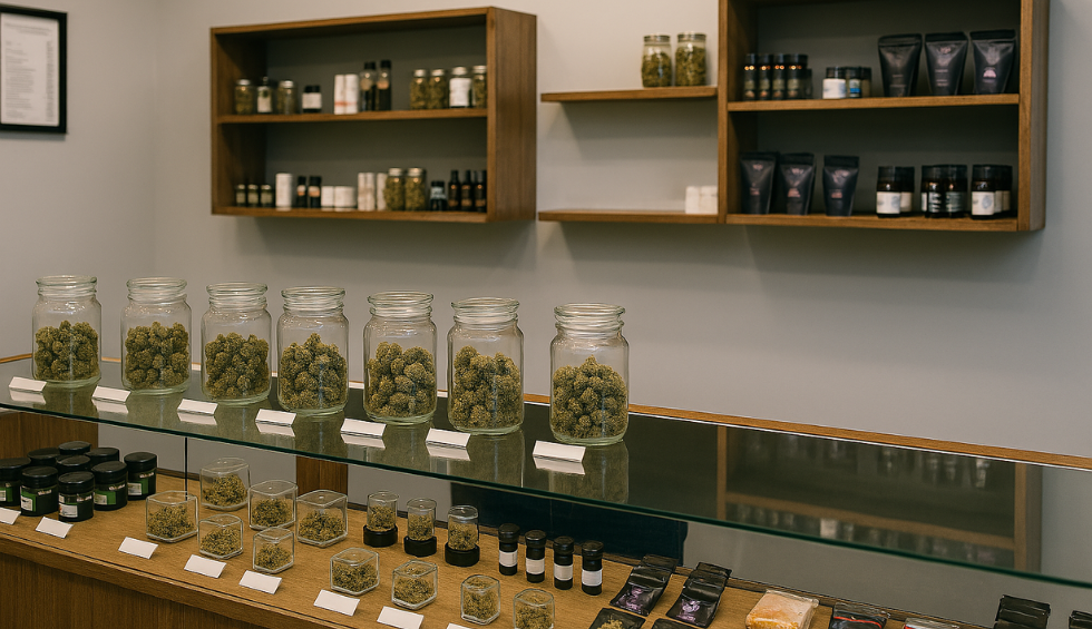 Cannabis dispensary displaying jars and containers of various cannabis strains and products on wooden shelves and counters