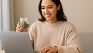 Smiling woman holding cannabis jar while shopping on laptop, representing safe and easy weed online purchase for first-timers