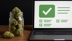 Glass jar filled with cannabis buds next to a laptop displaying green checkmarks, symbolizing trusted and well-rated pot sites